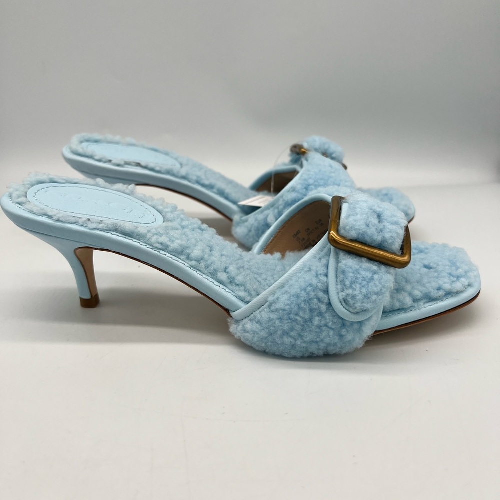 Light Blue Shearling Buckle Kitten Heel Sandals